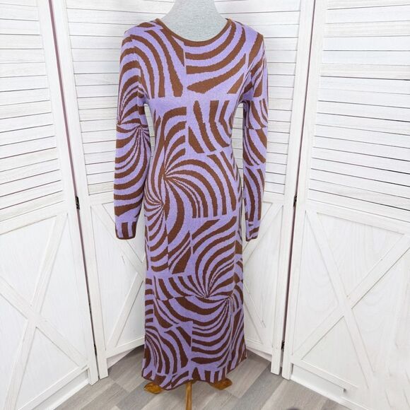 ASOS Abstract Swirl Print Knit Midi Sweater Sheath Dress Purple Brown 8 - Picture 1 of 14